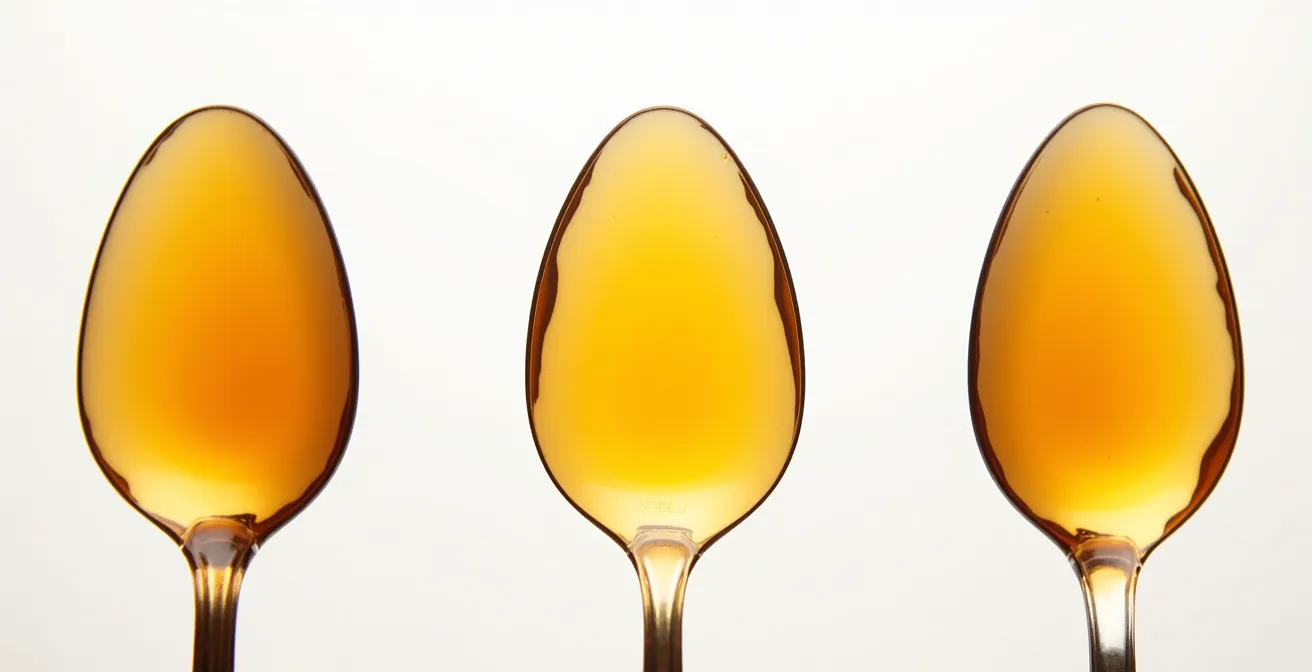 Vue macro comparative des textures et couleurs du sirop d'érable, du miel et de l'agave