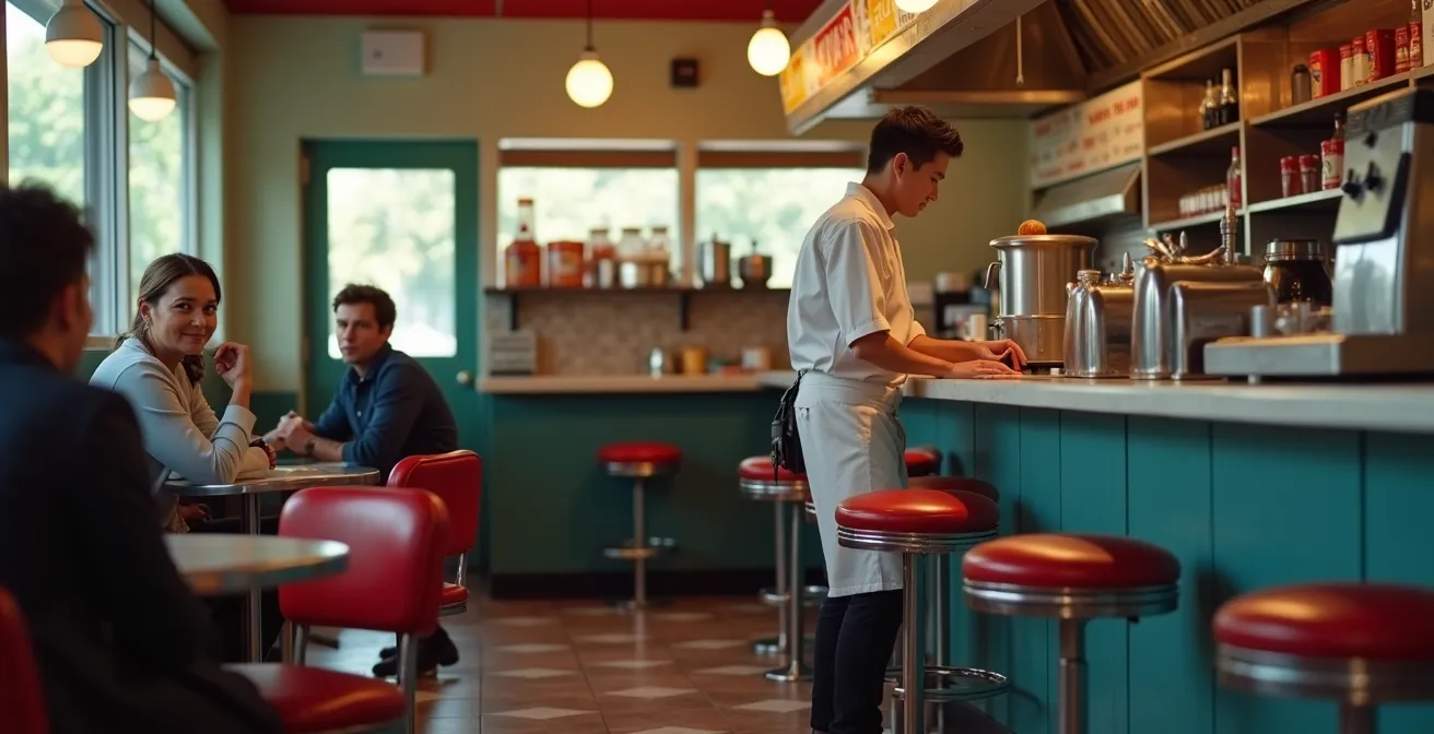 Intérieur authentique d'un diner montréalais avec comptoir en formica et tabourets rouges