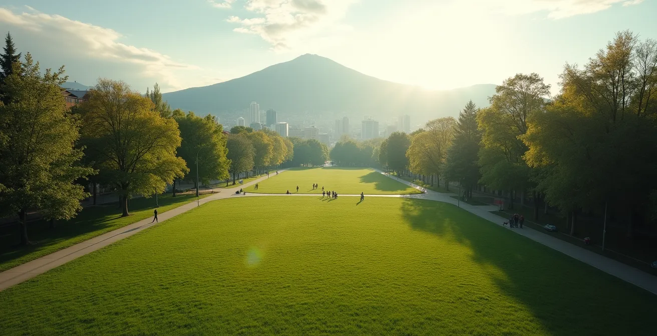 Vue aérienne minimaliste montrant la transition entre un petit parc de quartier intime et le vaste Mont-Royal