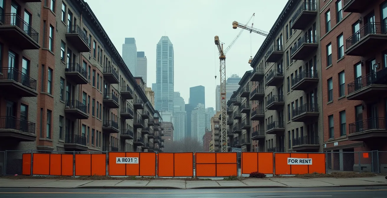 Vue contrastée d'un quartier montréalais en transformation avec grues de construction et anciens triplex