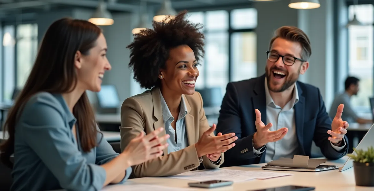 Espace de travail collaboratif moderne avec professionnels en discussion