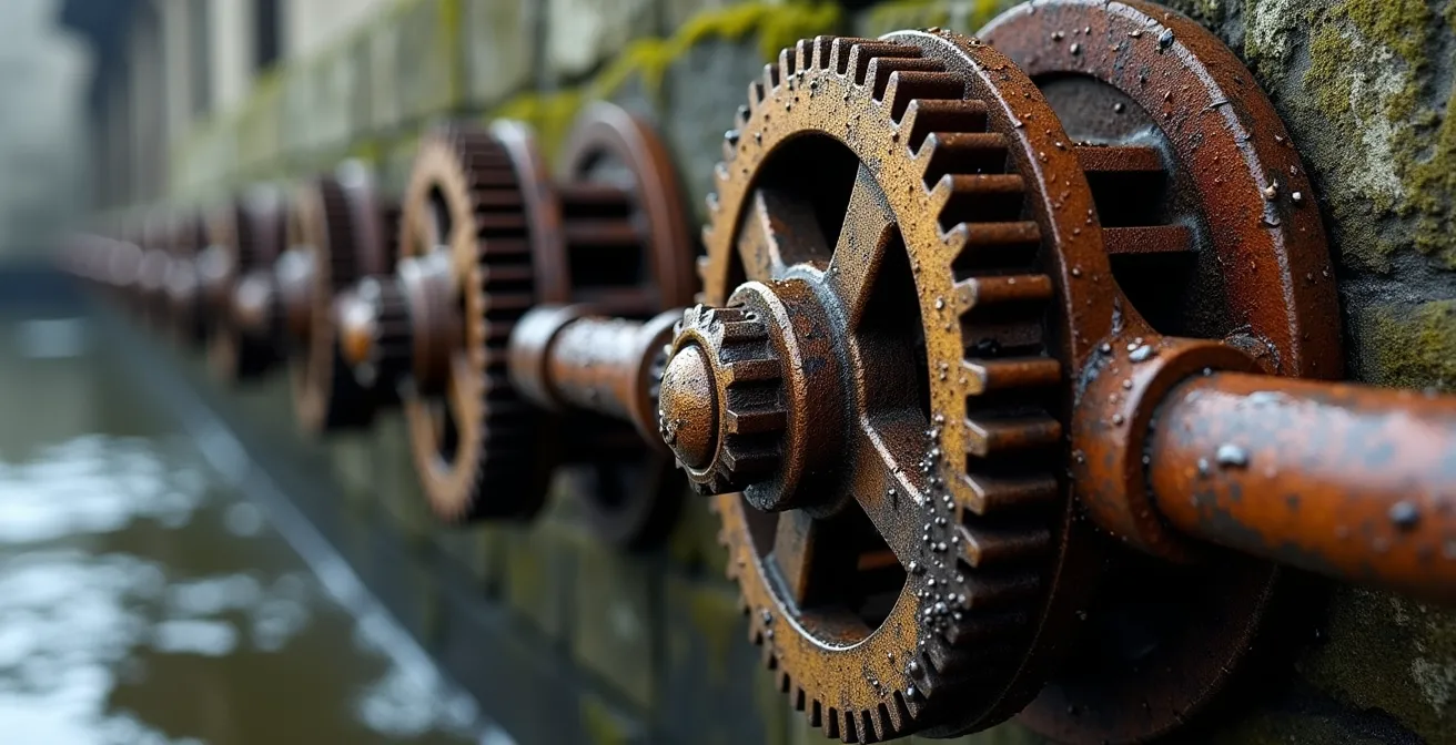 Vue rapprochée des mécanismes d'écluse avec texture de pierre et métal