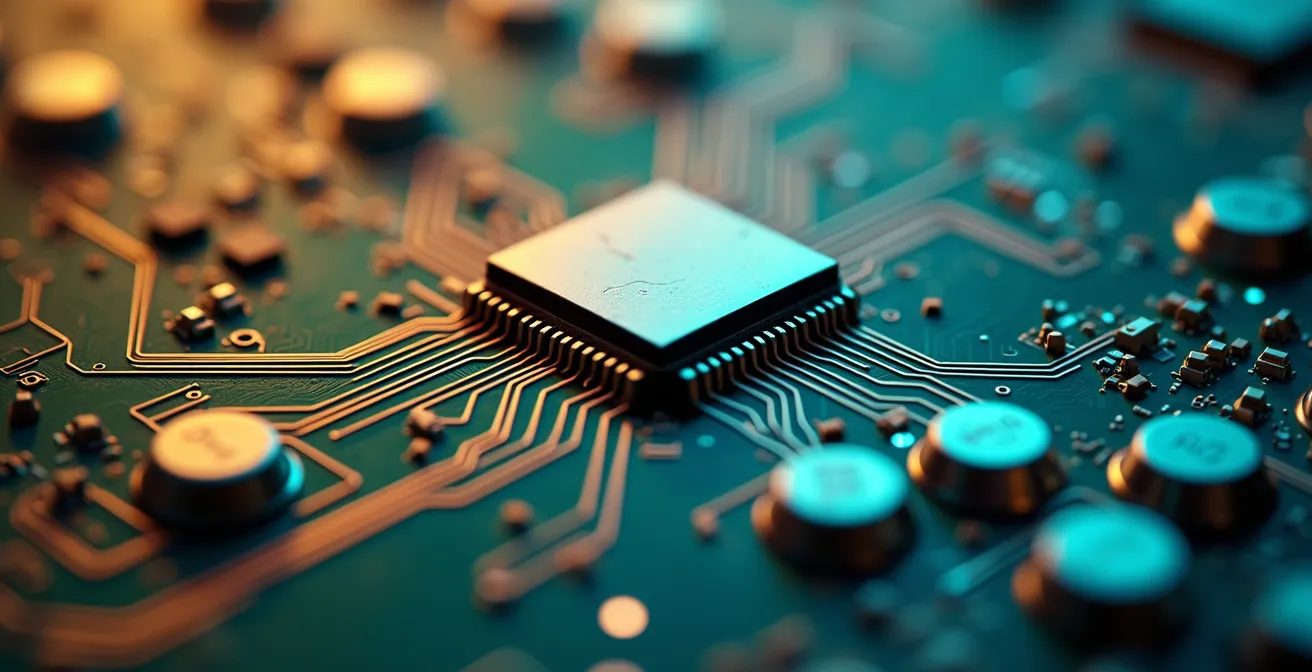 Photographie macro de circuits électroniques avec éclairage dramatique créant des motifs dorés et bleus, symbolisant l'infrastructure technologique de Montréal