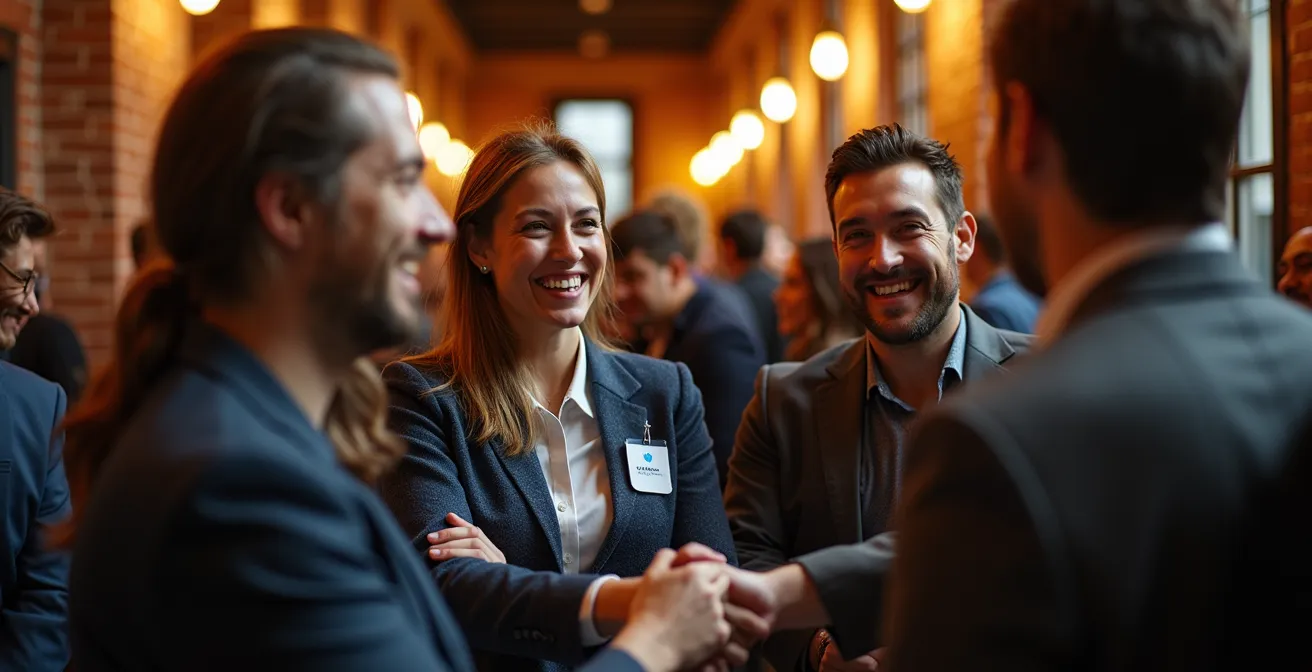 Entrepreneurs échangeant lors d'un événement de réseautage dans un espace historique montréalais