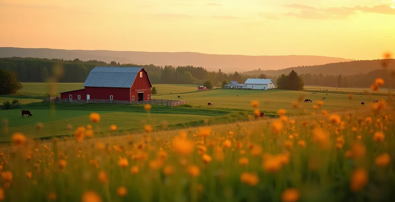 Paysage rural québécois avec ferme laitière traditionnelle au coucher du soleil