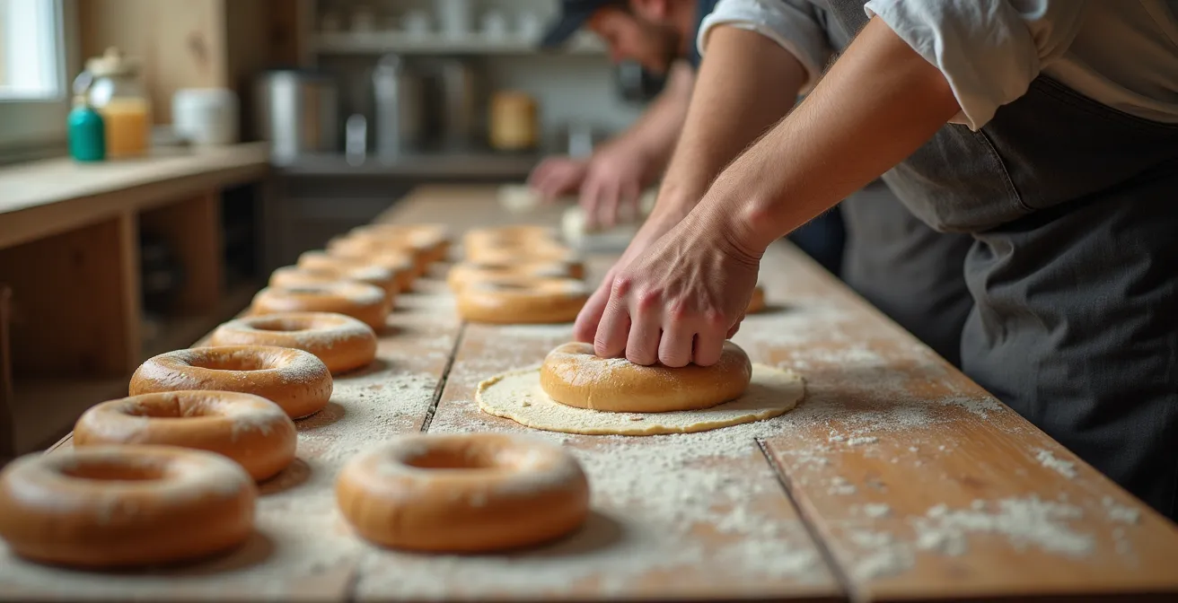 Vue environnementale d'un four à bois avec des bagels dorés en pleine cuisson, dans une ambiance chaleureuse et artisanale.