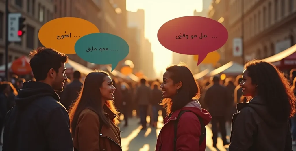 Illustration symbolique représentant le mélange linguistique du franglais à Montréal, avec des bulles de dialogue en français, anglais, arabe, et créole