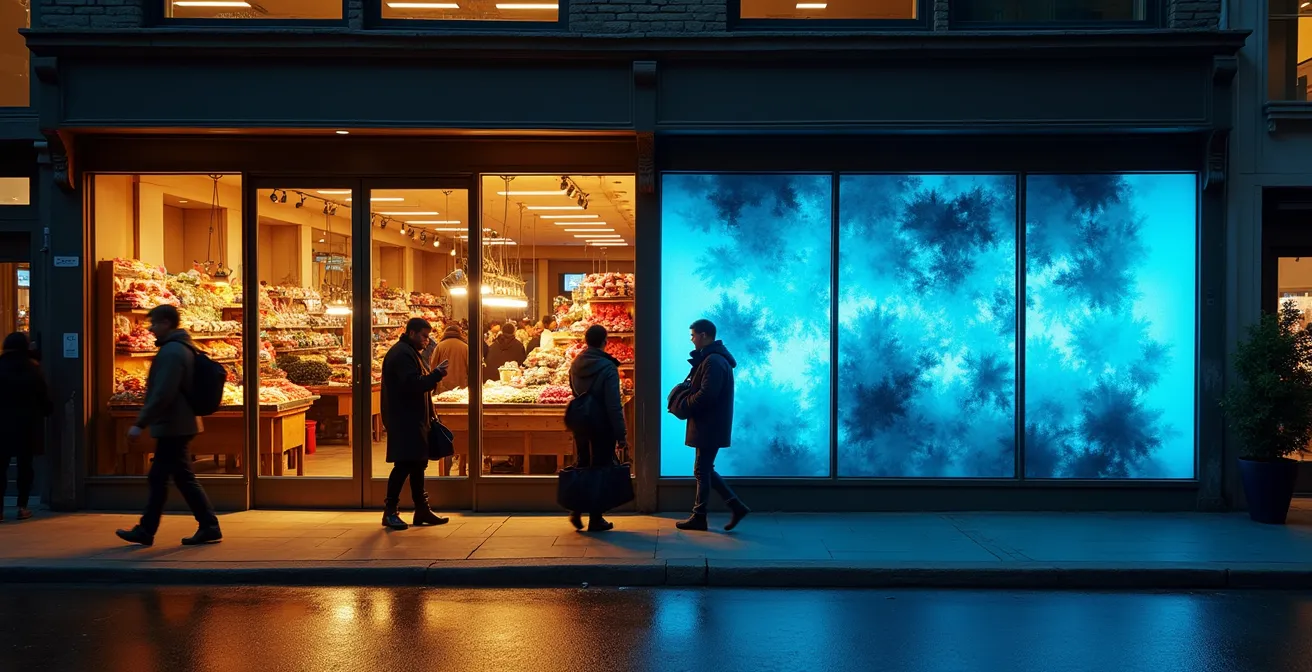 Contraste symbolique entre une rue commerciale animée et l'ombre métaphorique du commerce en ligne