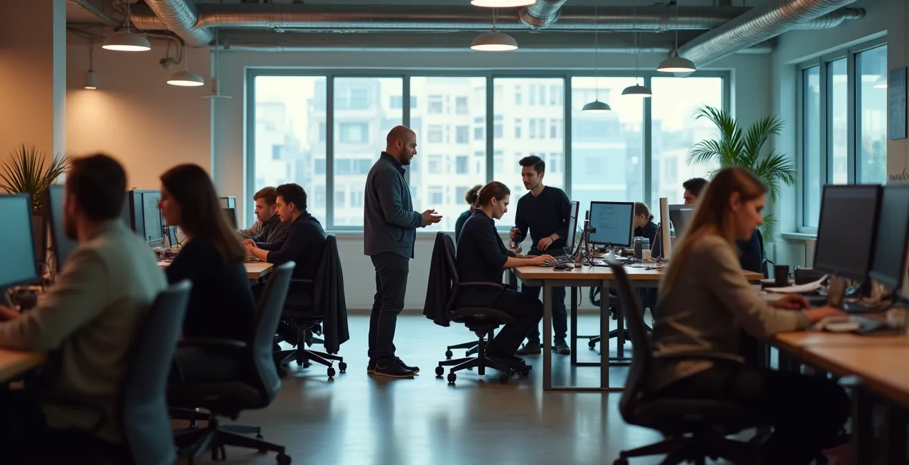 Studio de développement de jeux vidéo montréalais avec équipes créatives au travail