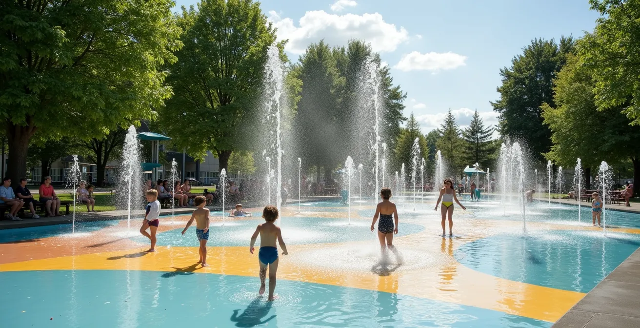 Jeux d'eau colorés dans un parc de Montréal avec enfants s'amusant et parents surveillant depuis des bancs ombragés