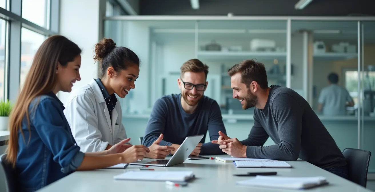 Vue grand angle d'un laboratoire de recherche moderne avec des chercheurs travaillant en collaboration, équipements high-tech visibles en arrière-plan