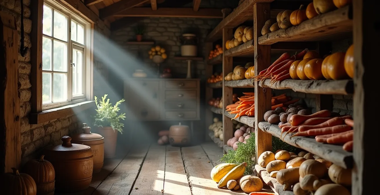 Arrangement artistique de légumes racines québécois dans une cave à légumes traditionnelle avec lumière naturelle