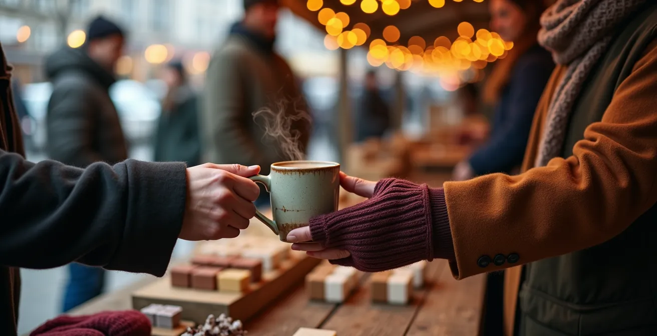 Ambiance chaleureuse d'un marché artisanal d'hiver à Montréal