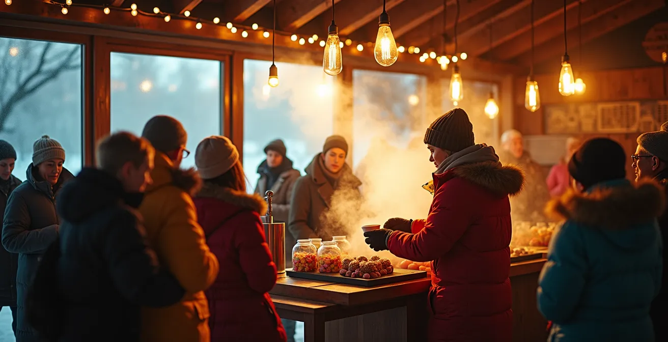 Scène hivernale chaleureuse d'un marché montréalais avec visiteurs emmitouflés et vapeur des boissons chaudes