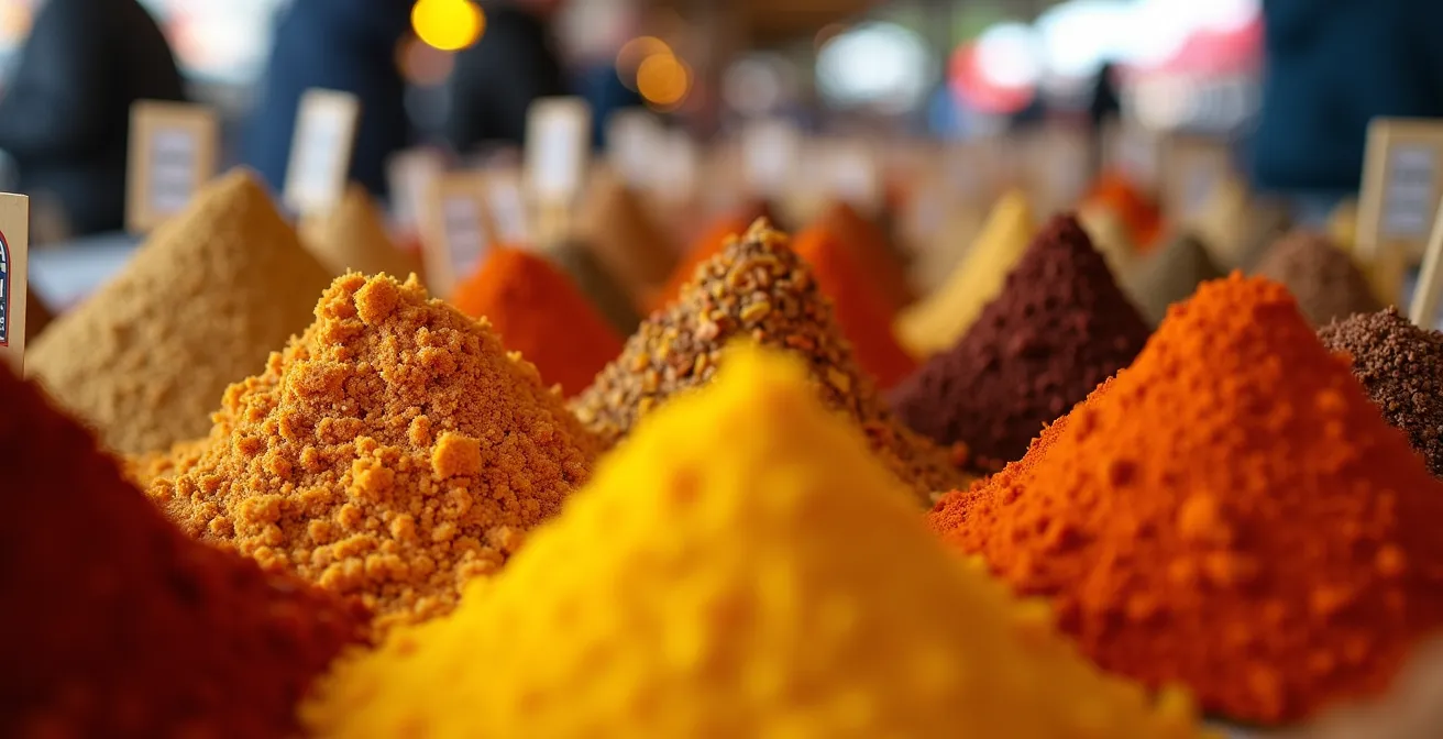 Allées colorées du marché Jean-Talon avec étals de produits du monde, épices et légumes exotiques