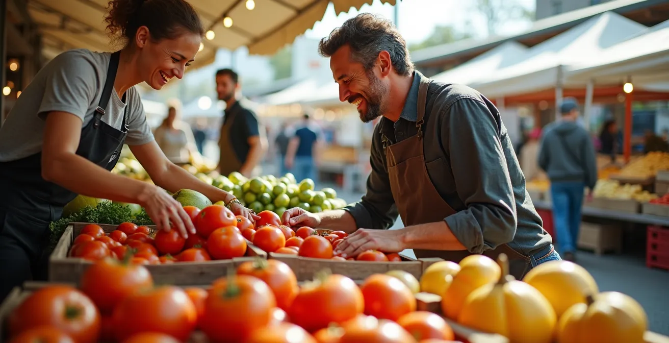 Étalage coloré de produits maraîchers québécois au marché Jean-Talon avec vendeur et clients