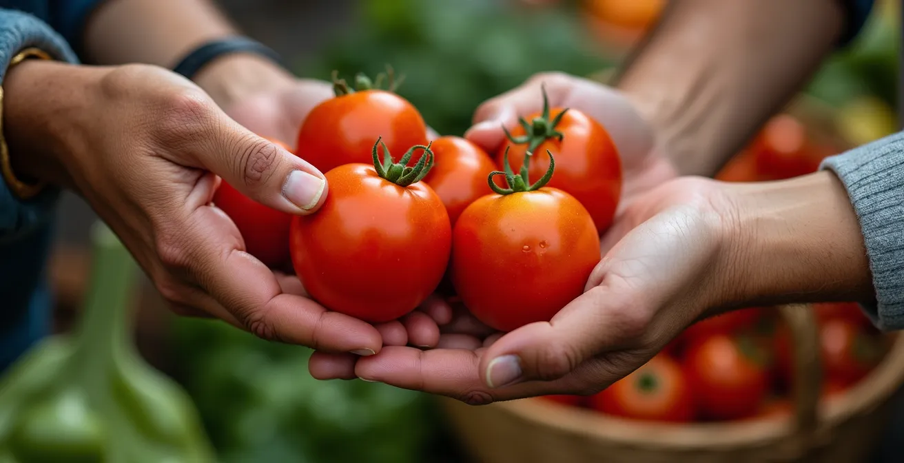 Vue macro de mains échangeant des tomates ancestrales au marché avec une profondeur de champ très réduite