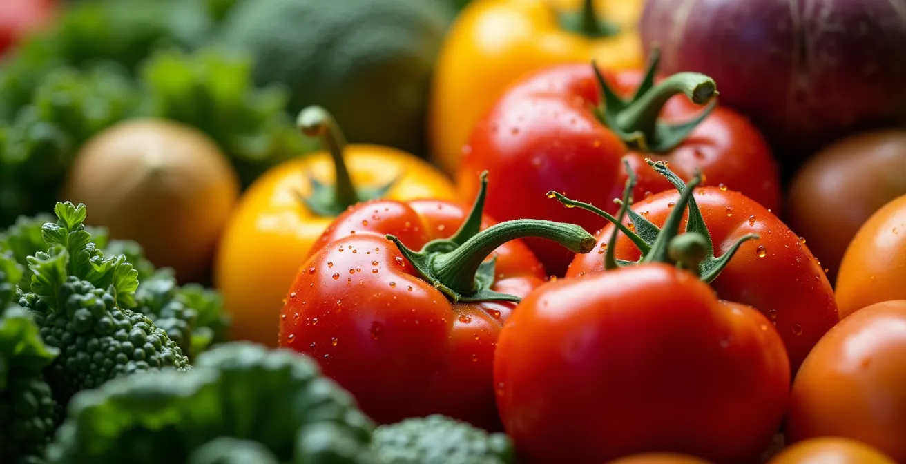 Étal coloré de légumes frais au marché Jean-Talon avec profondeur de champ créant un flou artistique