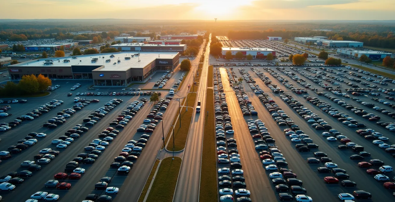 Vue aérienne d'une zone commerciale de banlieue à Montréal, montrant de grands parkings et des magasins à grande surface, typiques du paysage nord-américain.