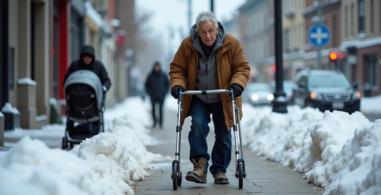 Piétons naviguant sur un trottoir enneigé avec bancs de neige aux intersections à Montréal
