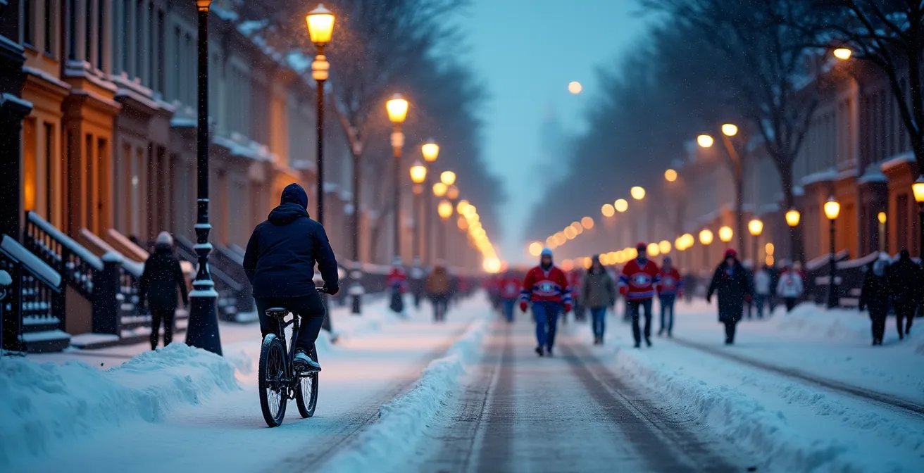 Cycliste sur une piste cyclable enneigée à Montréal, avec le Centre Bell, temple du hockey, visible en arrière-plan.