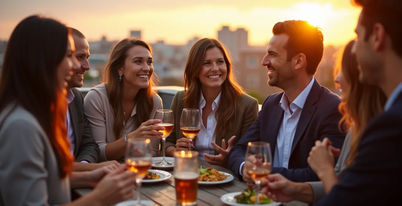 Professionnels montréalais en terrasse lors d'un 5 à 7, ambiance décontractée avec vue sur le Vieux-Port