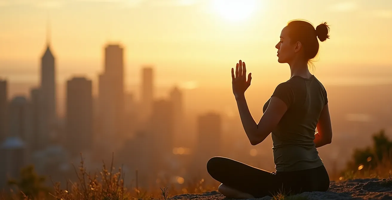 Personne méditant au sommet du Mont-Royal avec vue floue de la ville en arrière-plan