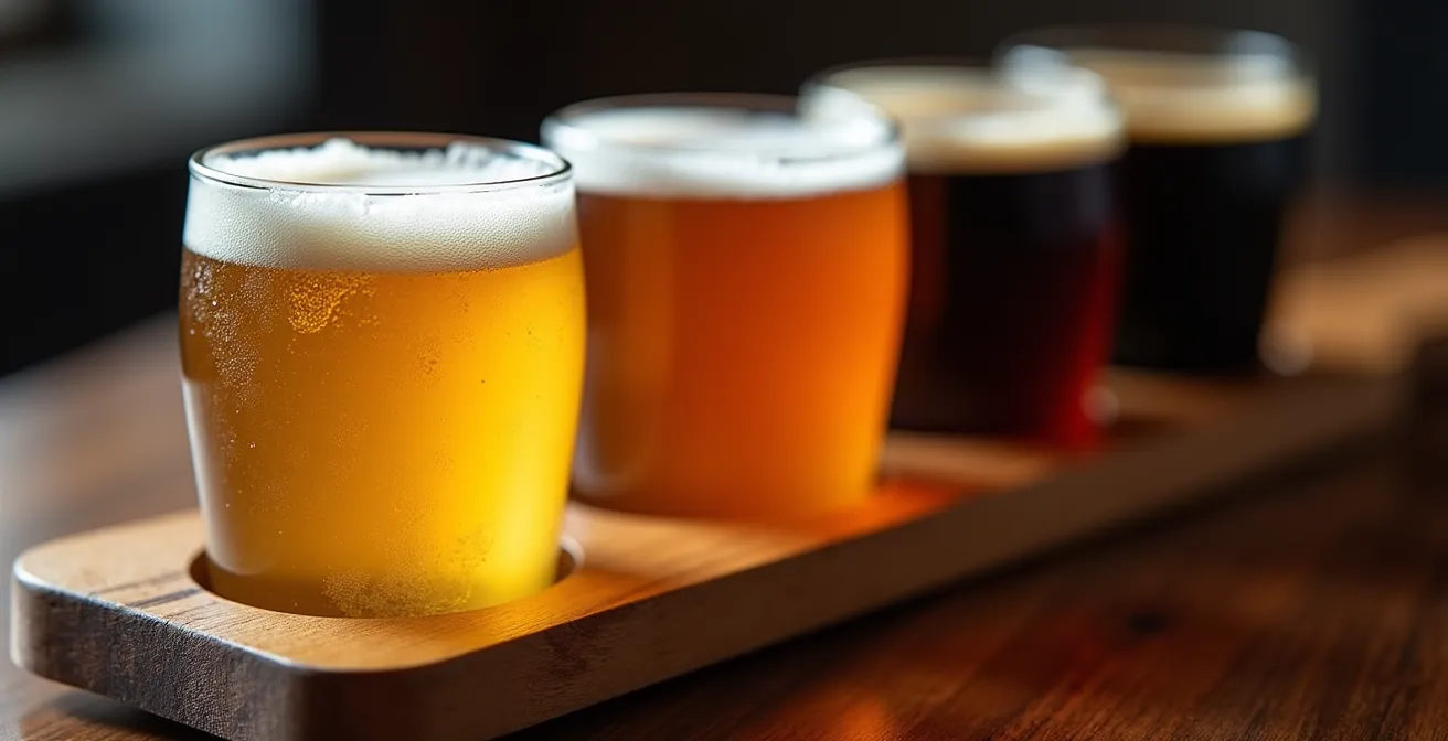 Gros plan sur une palette de dégustation avec quatre verres de bières artisanales aux couleurs variées allant du doré au noir