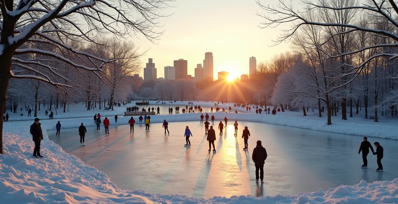 Patineurs sur le lac des Castors au parc du Mont-Royal en hiver