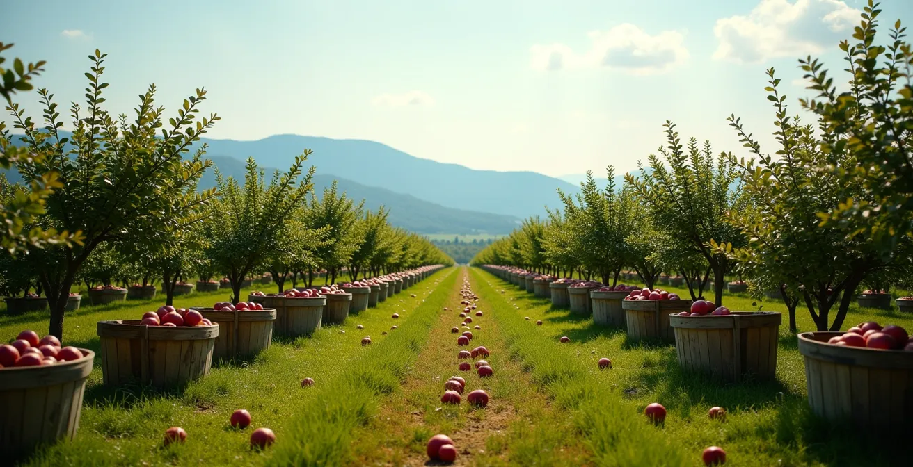 Verger de pommiers en Montérégie avec paniers de récolte et vue sur les montagnes