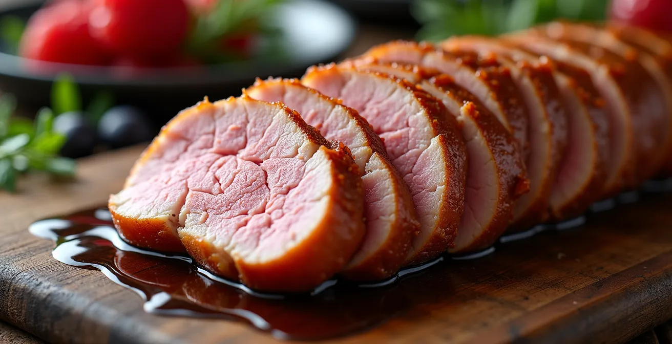 Magret de canard parfaitement rosé et tranché en éventail sur une planche de bois, accompagné d'une garniture de petits fruits et d'herbes.
