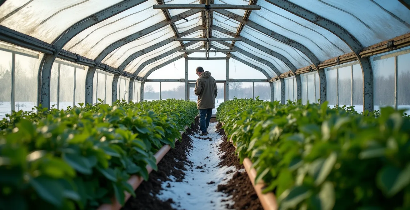Producteur maraîcher québécois travaillant dans une serre quatre saisons en hiver avec de la neige visible à l'extérieur