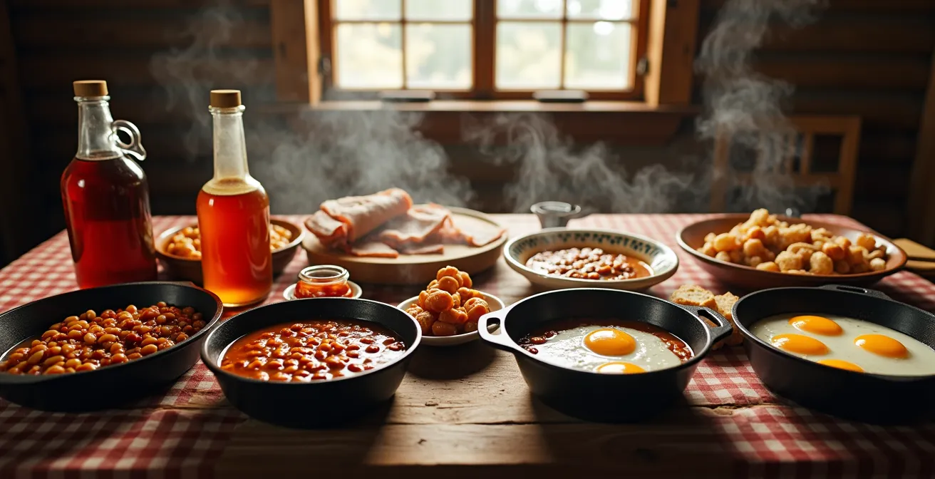 Table de cabane à sucre garnie de plats traditionnels québécois dans une atmosphère chaleureuse