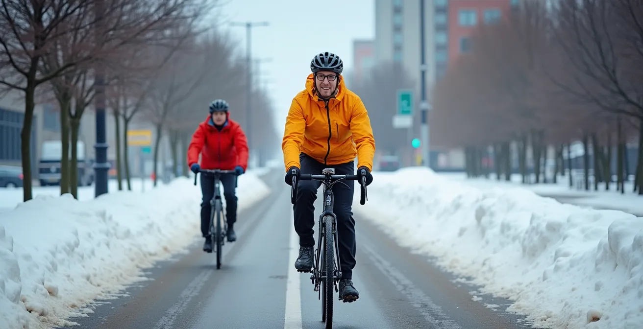 Cycliste circulant sur une piste du Réseau Express Vélo en hiver avec infrastructure protégée