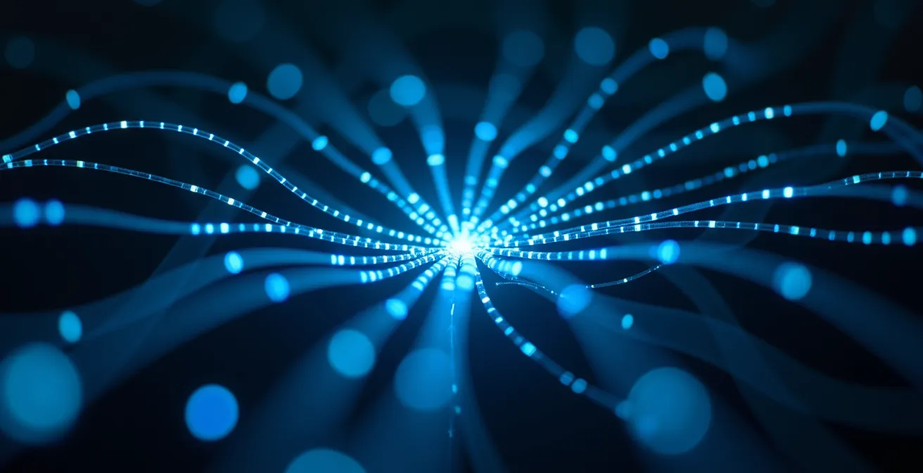 Visualisation abstraite d'un réseau de neurones artificiels avec des connexions lumineuses formant des motifs complexes, représentant le processus d'apprentissage profond