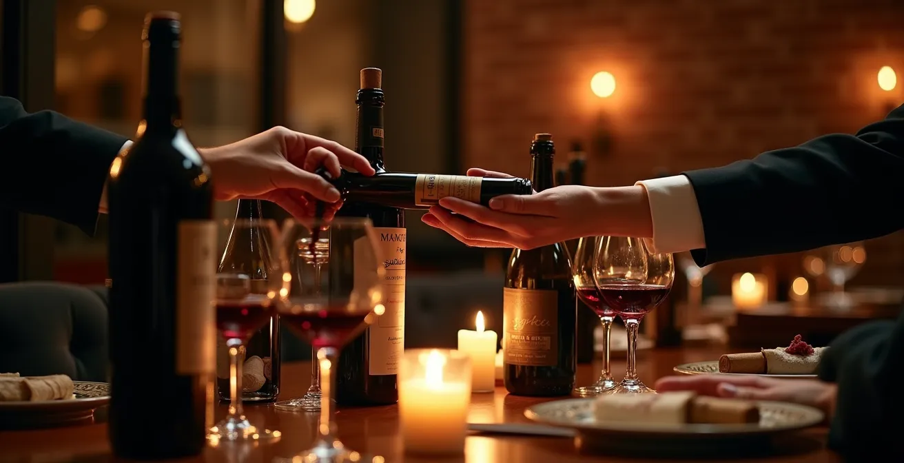 Table de restaurant intimement éclairée avec bouteilles de vin apportées par les clients et assiettes raffinées