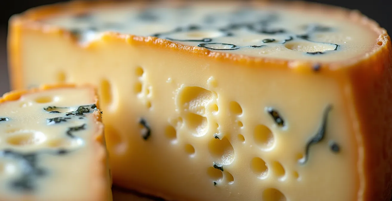 Vue macro d'une coupe de fromage québécois révélant sa texture interne crémeuse