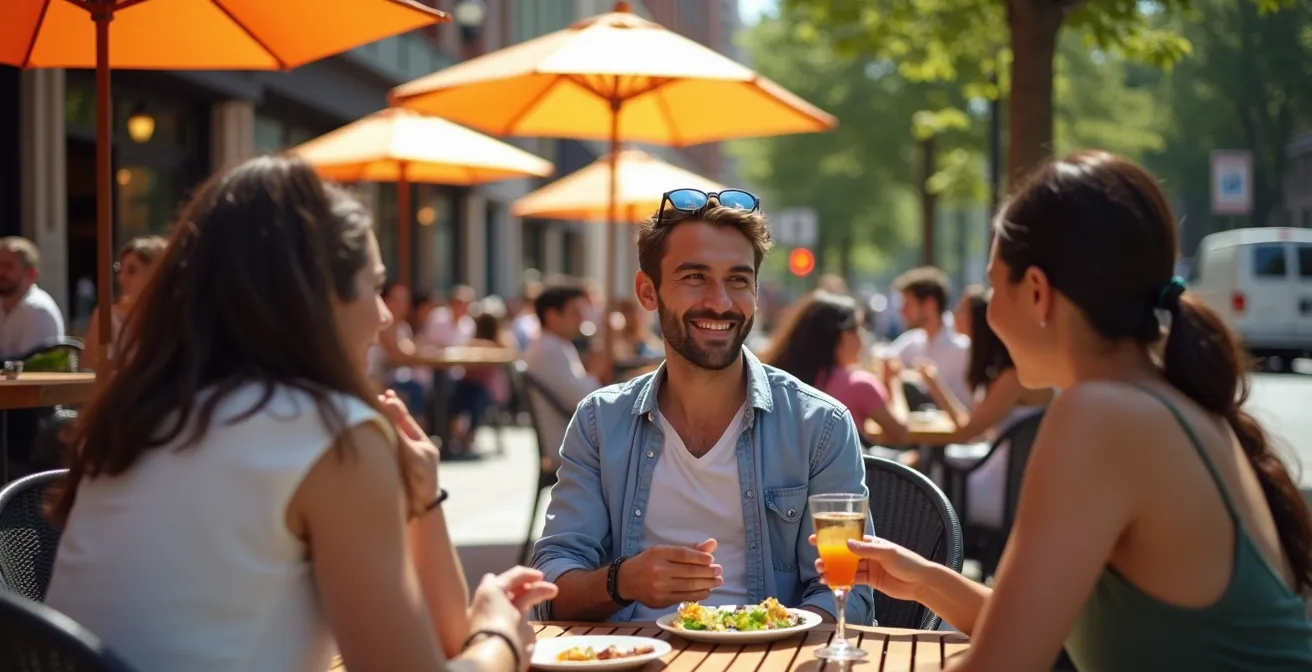 Rue piétonne montréalaise avec terrasses fleuries et promeneurs en été