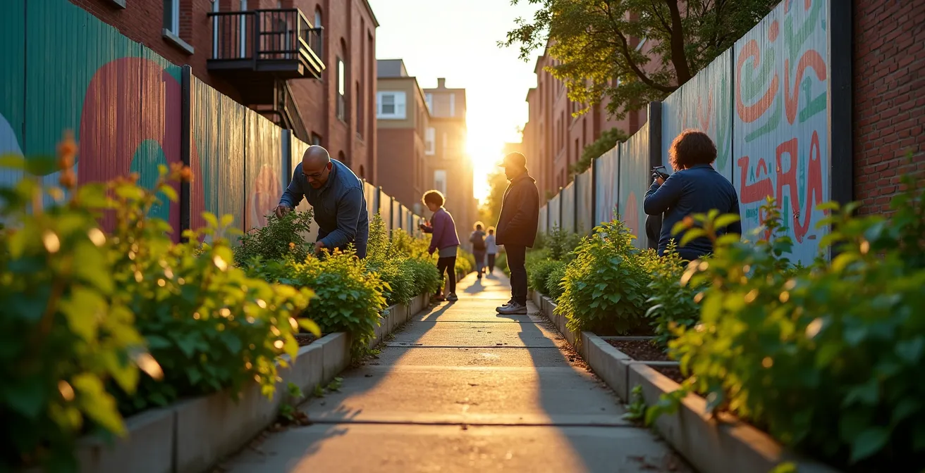 Vue large d'une ruelle verte montréalaise transformée avec jardins communautaires et art mural abstrait