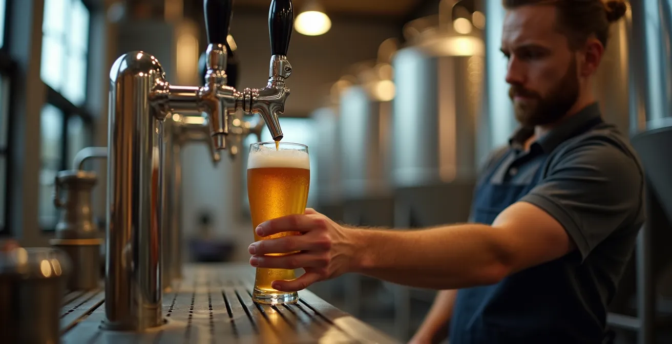 Vue rapprochée d'un brasseur servant une bière pression dorée dans un verre, avec les cuves de fermentation visibles en arrière-plan
