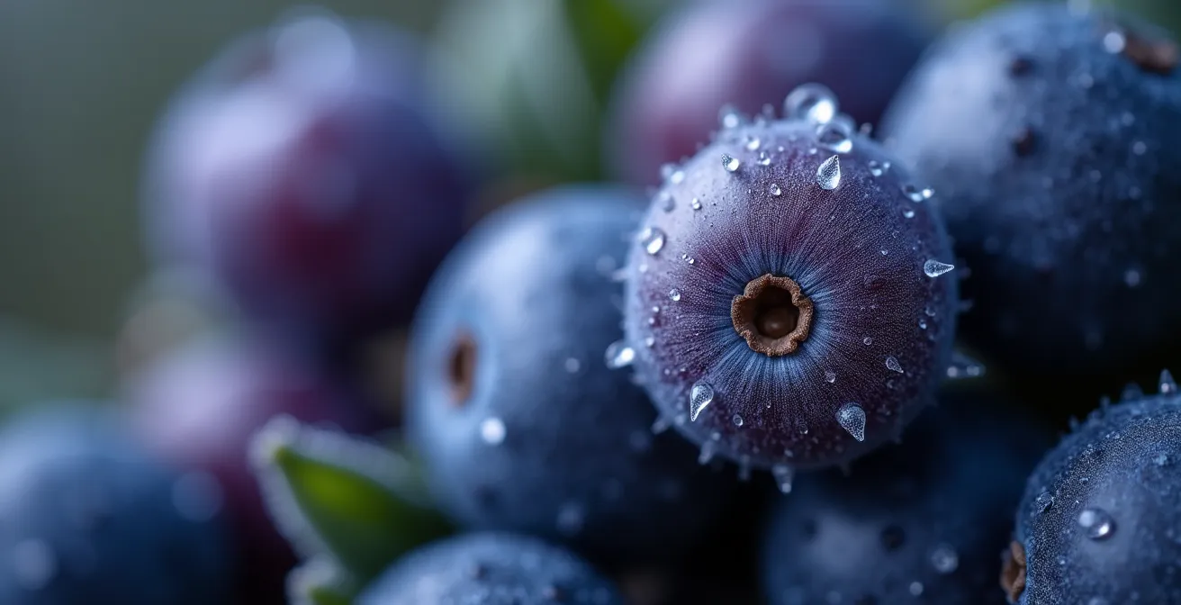 Gros plan macro sur des camerises fraîches avec rosée matinale montrant les détails de texture