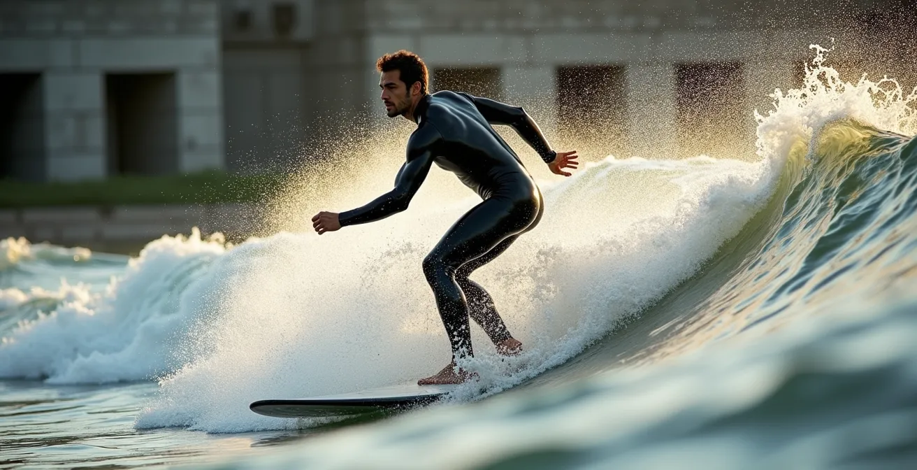 Surfeur sur la vague statique d'Habitat 67 avec l'architecture emblématique en arrière-plan