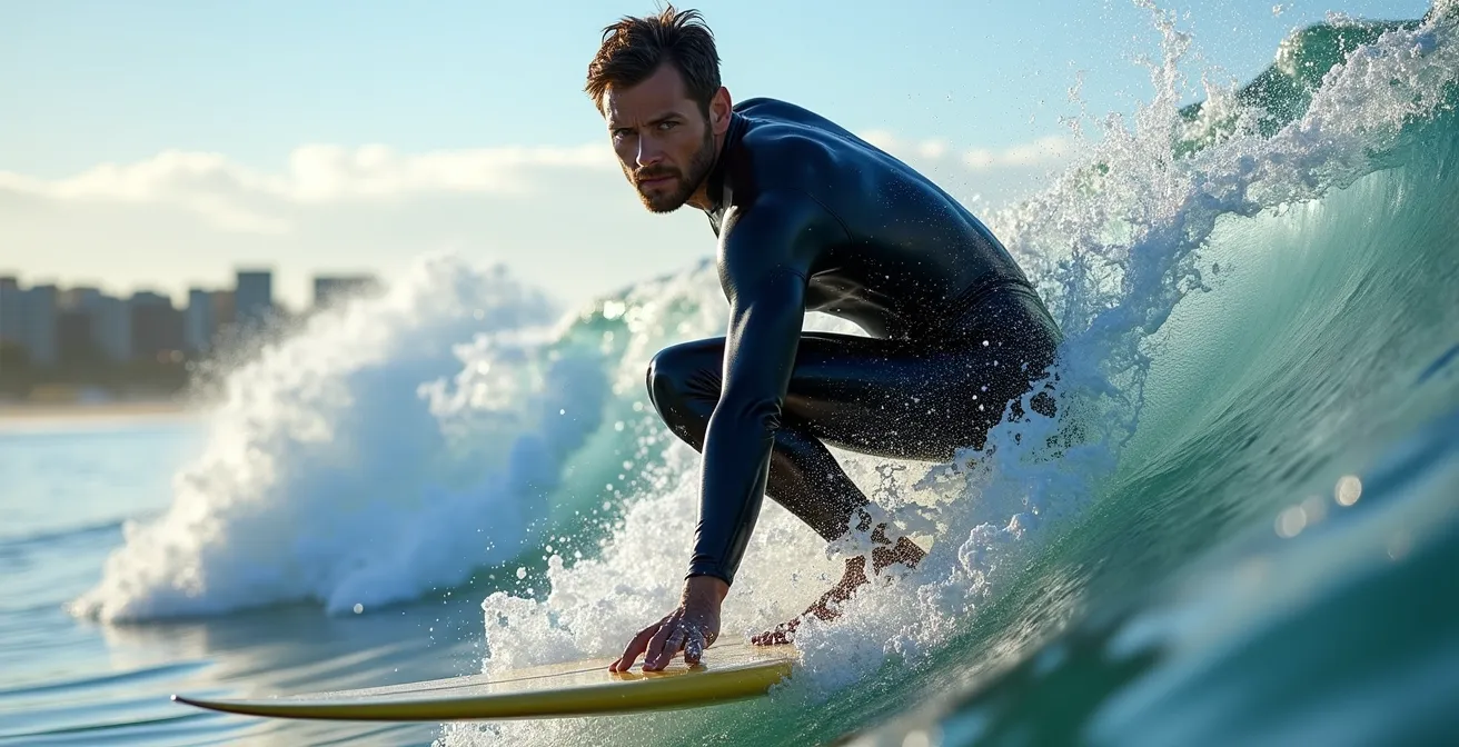 Surfeur en action sur la vague stationnaire d'Habitat 67 avec le complexe architectural en arrière-plan