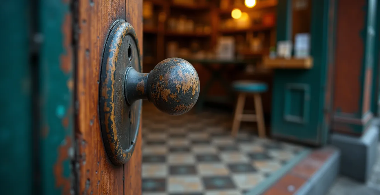 Macro photographique des textures et matériaux typiques d'un commerce de quartier montréalais