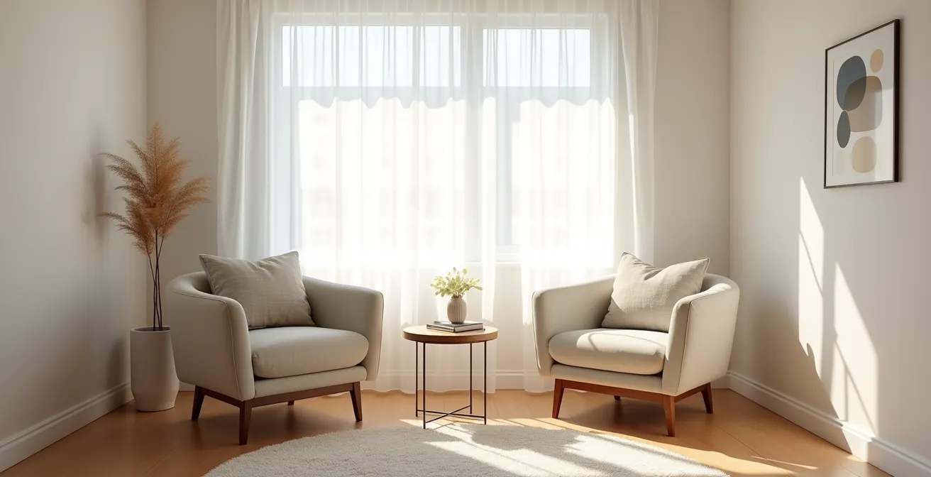 Espace thérapeutique chaleureux avec fauteuils confortables et lumière douce filtrant par une fenêtre