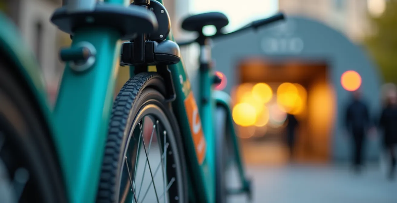 Station de métro avec supports à vélos et cyclistes en mouvement illustrant l'intermodalité