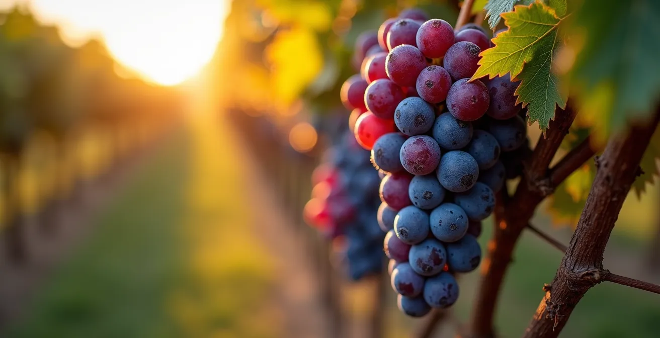 Rangées de vignes dorées en automne avec vue sur les collines des Cantons-de-l'Est