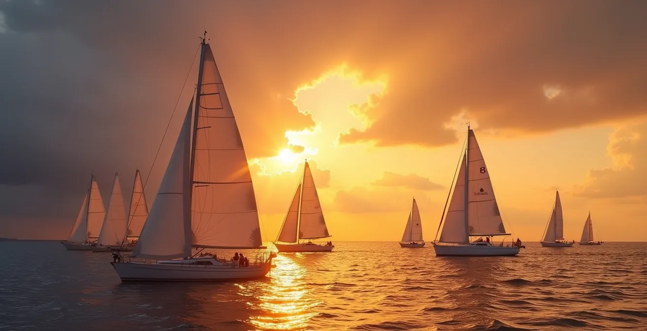 Voiliers naviguant sur le lac Saint-Louis au coucher du soleil avec vue sur les montagnes