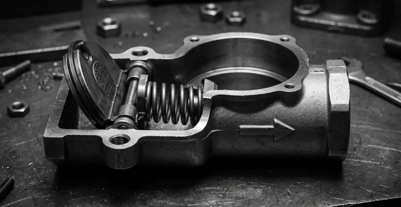 Gros plan technique d'un clapet antiretour ouvert montrant le mécanisme interne avec valve et ressort