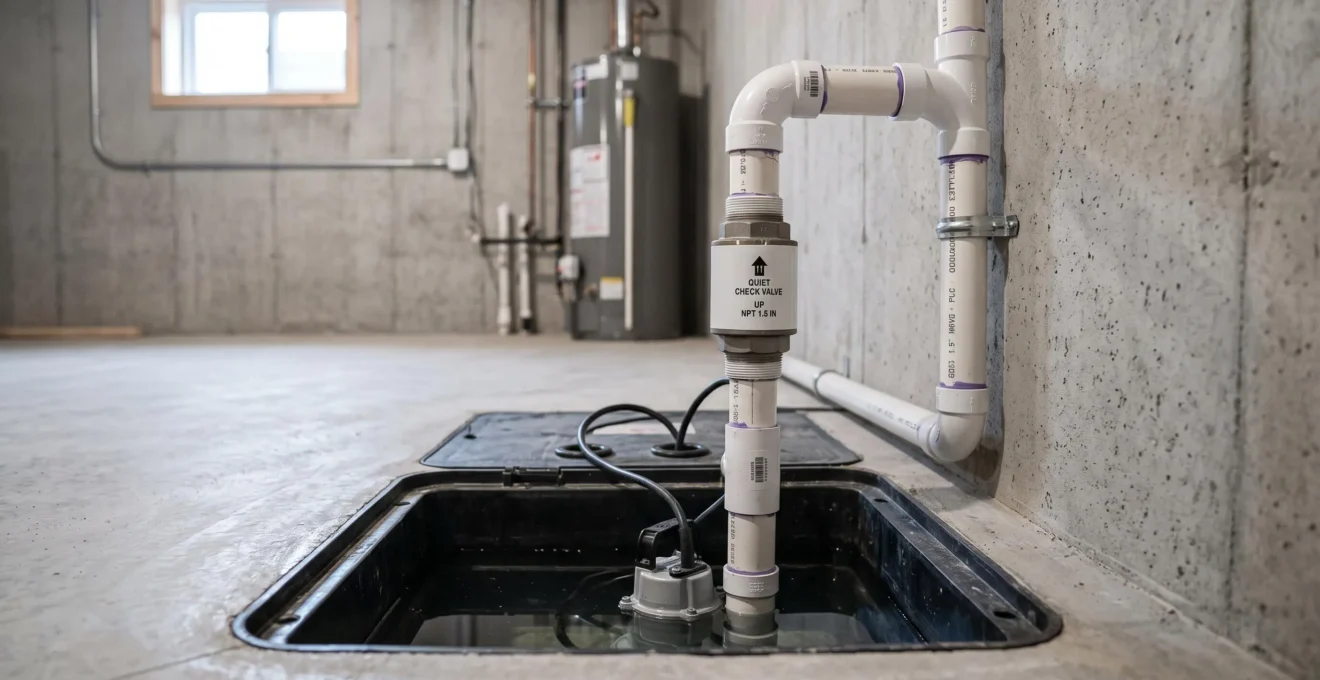 Installation professionnelle d'une pompe à puisard avec clapet antiretour dans un sous-sol résidentiel moderne, montrant le système de drainage complet avec tuyauterie PVC